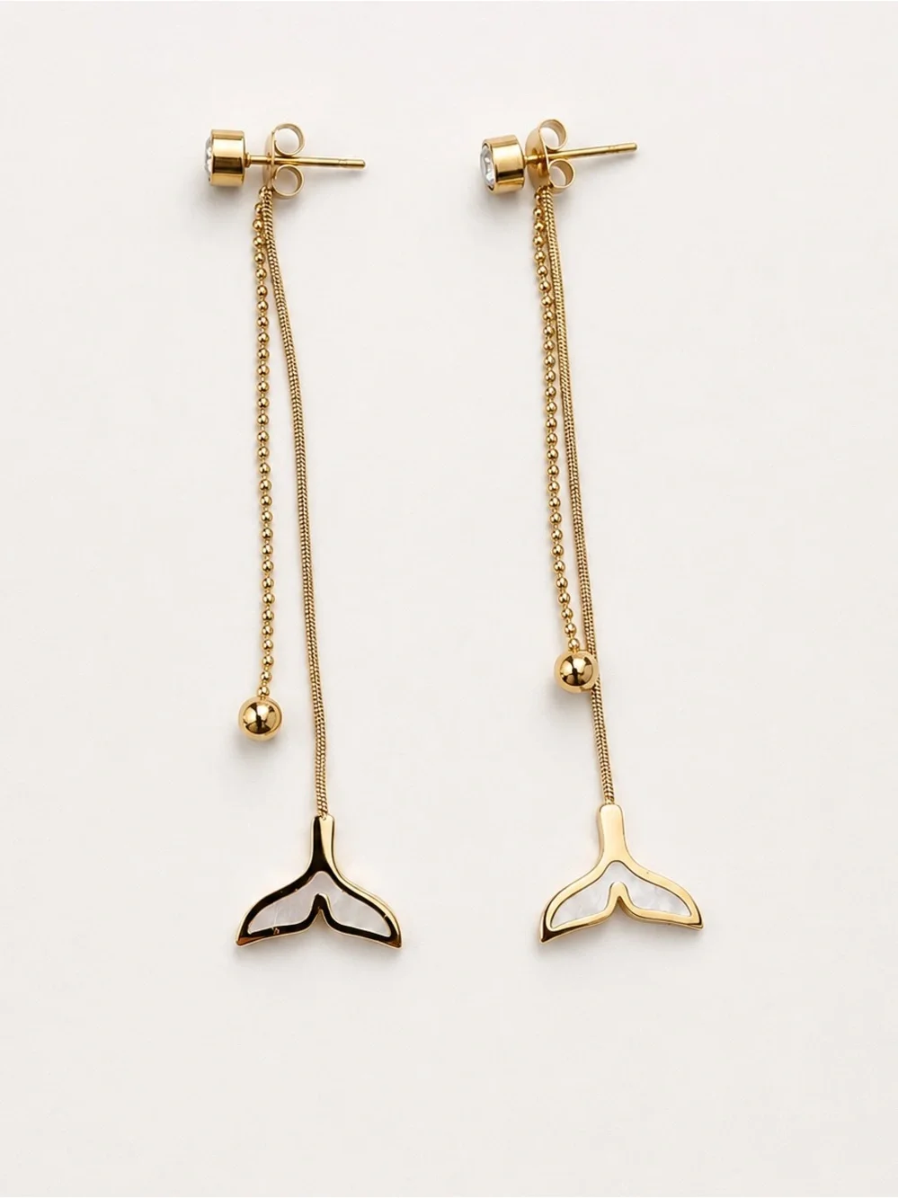 18K Gold Plated Stainless Steel Whale Tail Long Drop Earrings
